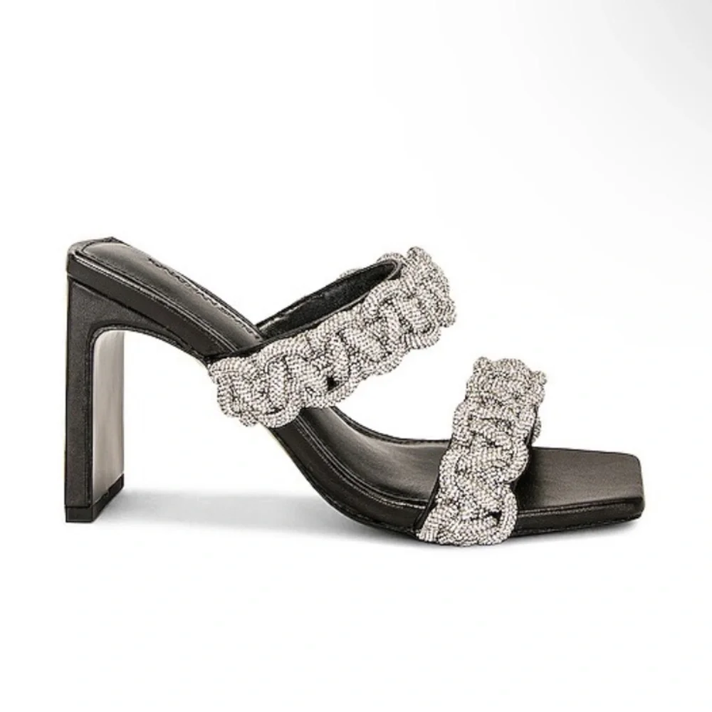 NIB Johnathan Simkhai Black Heeled Slide Sandals with Silver Braided Straps - Picture 1 of 3